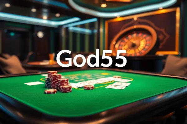 God55 casino interface featuring poker chips and cards at an elegant gaming table.