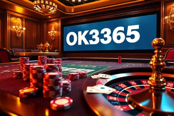 Exciting OK365 online gambling scene with casino table, poker chips, and roulette wheel.