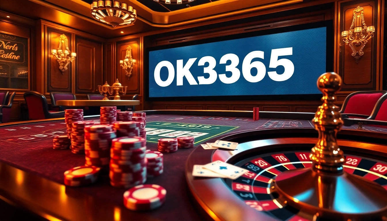 Exciting OK365 online gambling scene with casino table, poker chips, and roulette wheel.