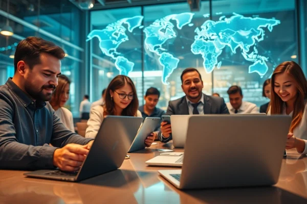 快连下载 - A modern workspace illustrating secure high-speed connections and user engagement.