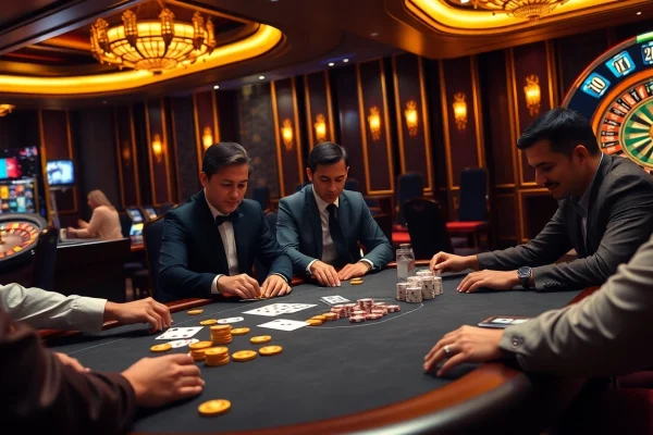 Play poker at https://iwin.cn.com/ in a luxurious casino atmosphere filled with glowing chips and cards.