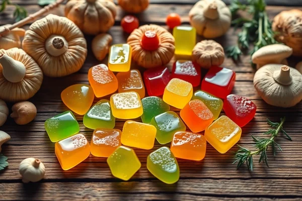 Enjoy vibrant mushroom gummies arranged with fresh mushrooms in a rich, inviting setting.