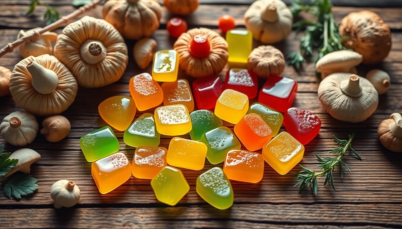 Enjoy vibrant mushroom gummies arranged with fresh mushrooms in a rich, inviting setting.