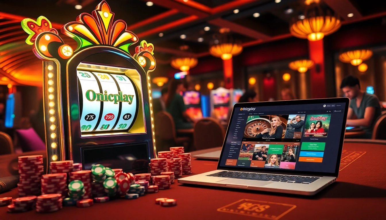 Engage with the Onicplay slot machine surrounded by colorful chips, evoking excitement in gambling.