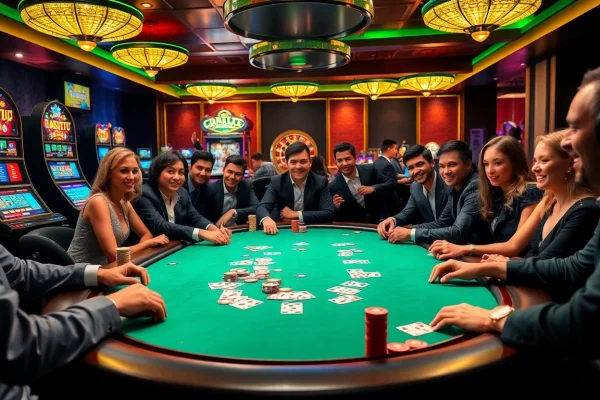 B52club players enjoy high-stakes poker amidst an exciting casino atmosphere with vibrant colors.