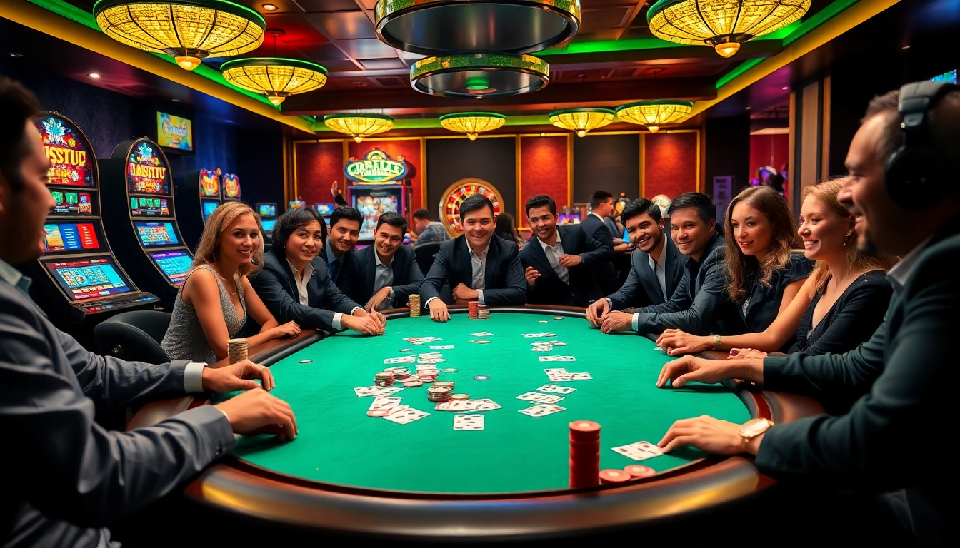 B52club players enjoy high-stakes poker amidst an exciting casino atmosphere with vibrant colors.