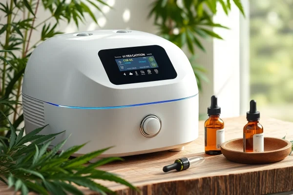 图像说明：在养生场景中展示结合CBD油与自然元素的最佳空化机。