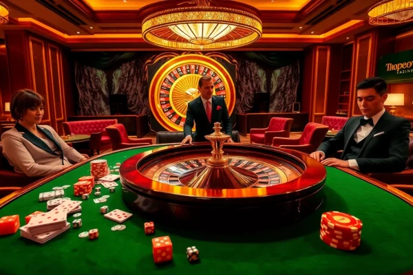 Topvin casino scene featuring players at a vibrant gaming table with cards and chips.