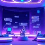 Engaging NSFW AI chat scene with futuristic chatbots and users in a cozy virtual environment.