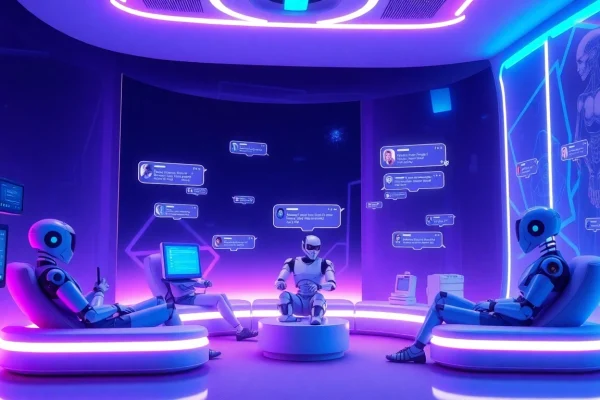 Engaging NSFW AI chat scene with futuristic chatbots and users in a cozy virtual environment.