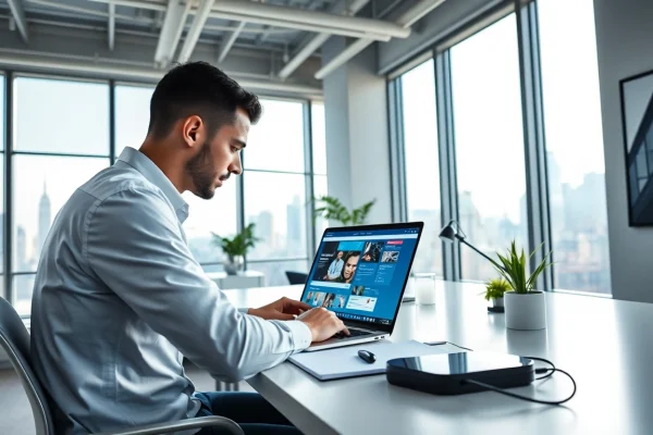 Professional workspace in NYC emphasizing custom website design, featuring a designer at work.