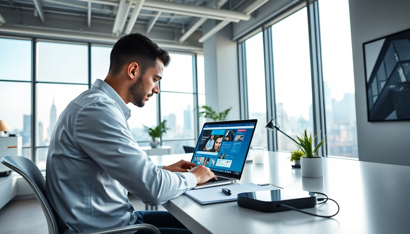 Professional workspace in NYC emphasizing custom website design, featuring a designer at work.