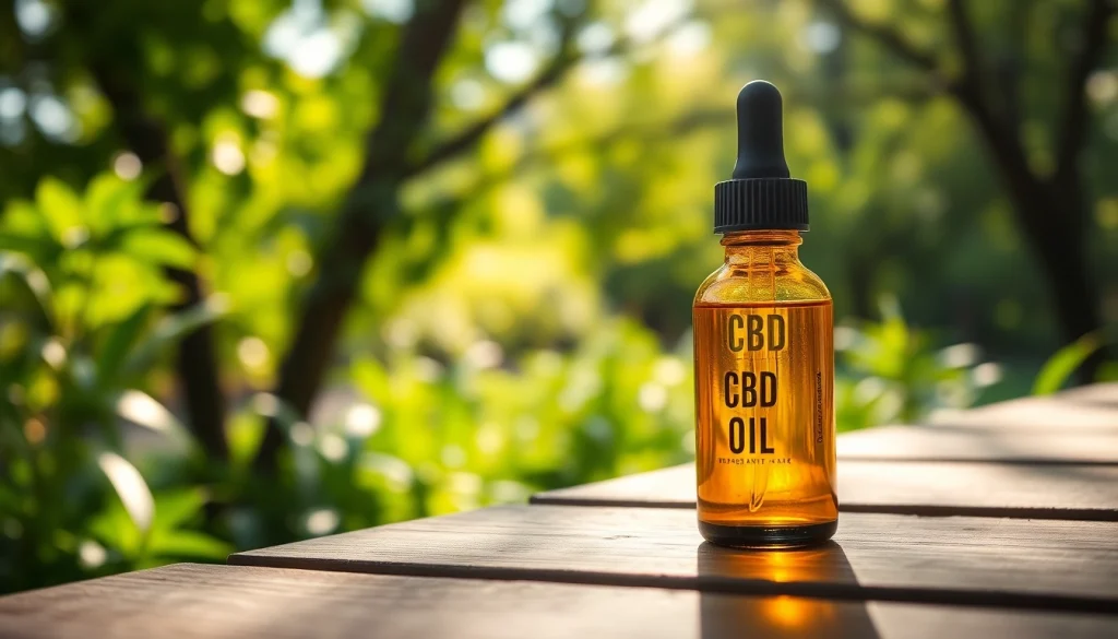 Buy CBD oil online in a serene setting with a beautiful glass bottle against a lush garden background.