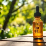 Buy CBD oil online in a serene setting with a beautiful glass bottle against a lush garden background.