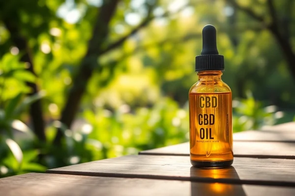 Buy CBD oil online in a serene setting with a beautiful glass bottle against a lush garden background.