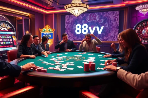 Players enjoying a vibrant poker game at 88vv casino, featuring poker chips and cards