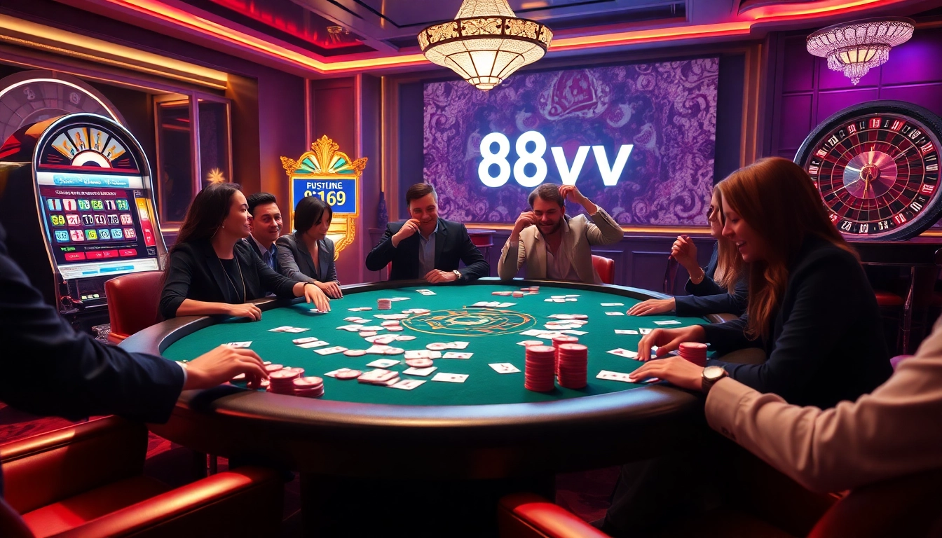 Players enjoying a vibrant poker game at 88vv casino, featuring poker chips and cards