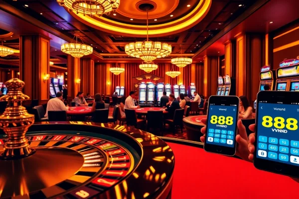 Experience the thrill of the 888vnd app at a luxurious casino with poker tables and roulette.