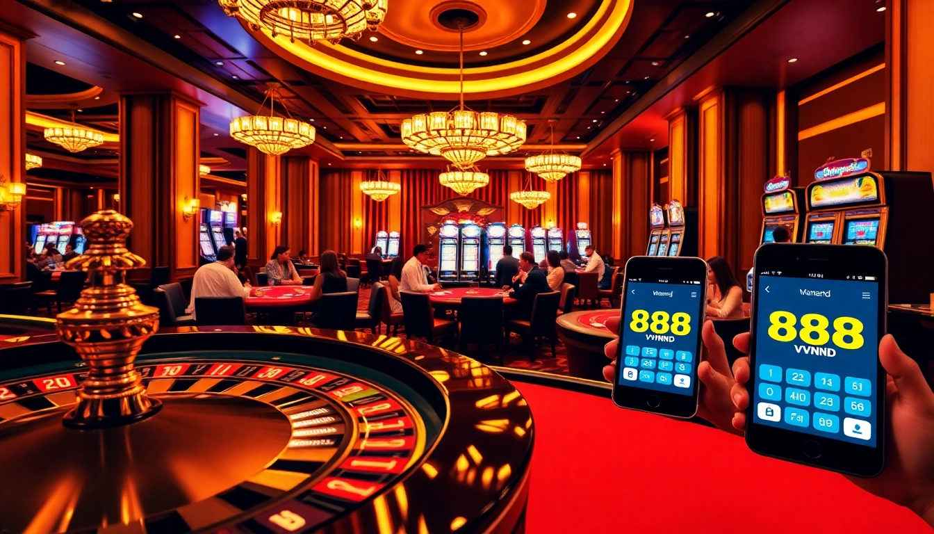 Experience the thrill of the 888vnd app at a luxurious casino with poker tables and roulette.