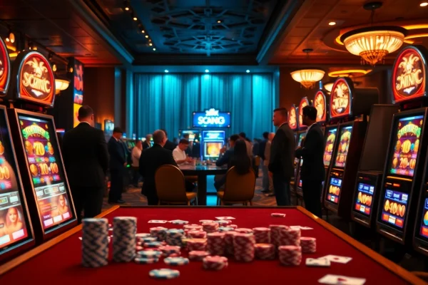 Experience the thrill of scatter hitam as players celebrate big wins at luxurious slot machines.