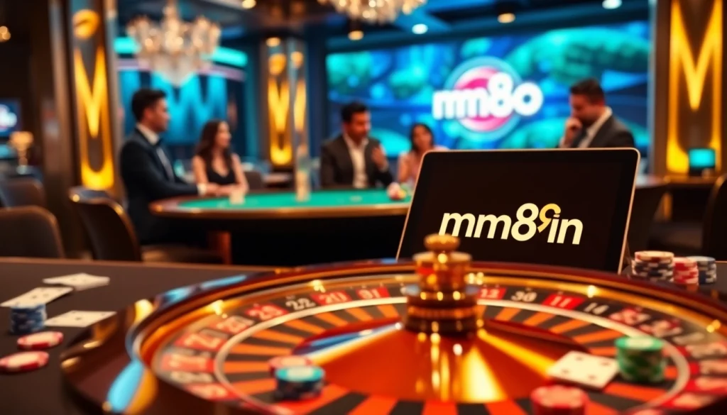 Exciting casino scene with mm88 vin logo on tablet, showcasing gaming tables and players.