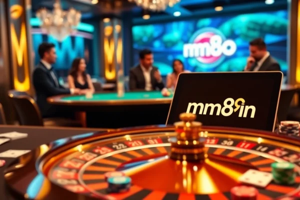 Exciting casino scene with mm88 vin logo on tablet, showcasing gaming tables and players.