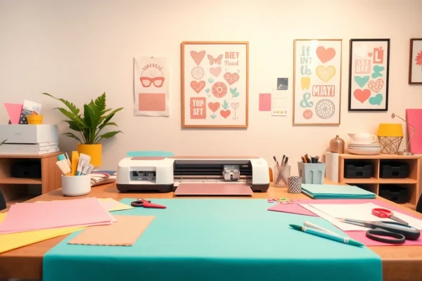Cricut SVG crafting workspace with colorful materials and tools