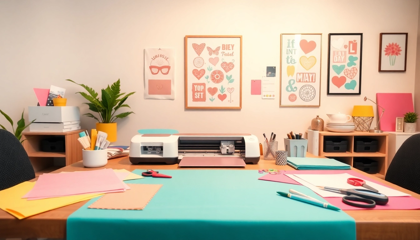 Cricut SVG crafting workspace with colorful materials and tools