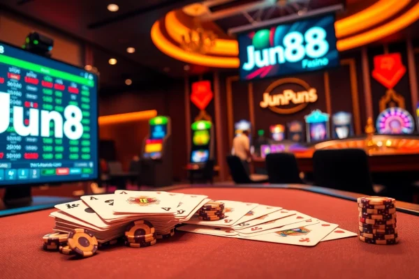 Experience the excitement of gambling at Jun88 with vibrant casino visuals.