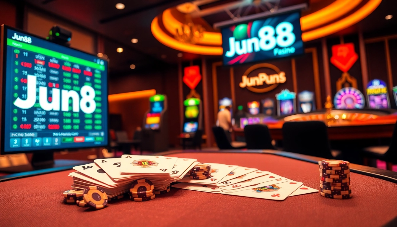 Experience the excitement of gambling at Jun88 with vibrant casino visuals.