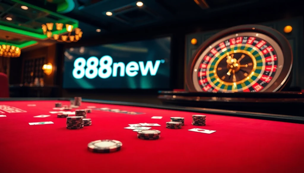 Experience thrilling gameplay at 888new with poker chips and a roulette wheel in action.