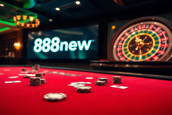 Experience thrilling gameplay at 888new with poker chips and a roulette wheel in action.