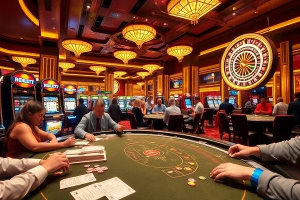 Players engaging in thrilling games at 8day casino, featuring slot machines and poker tables.