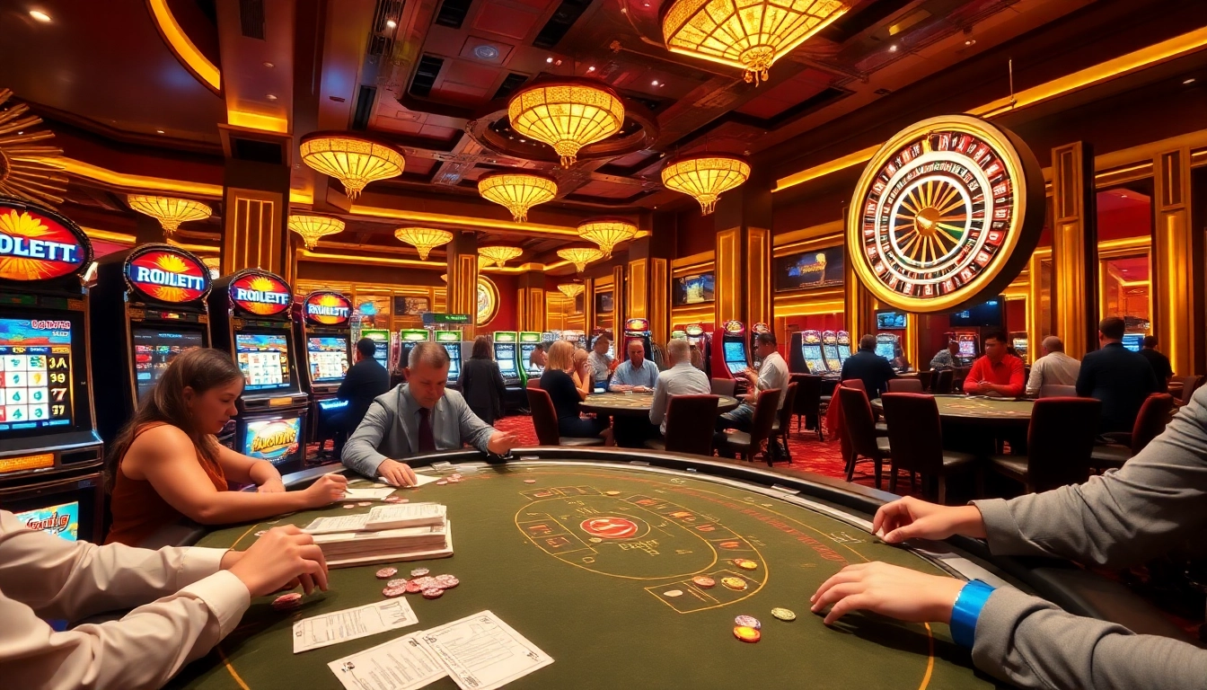 Players engaging in thrilling games at 8day casino, featuring slot machines and poker tables.