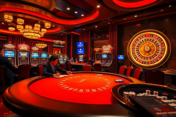 Engage with the thrilling idnslot gaming experience at a luxurious casino featuring poker and slot machines.