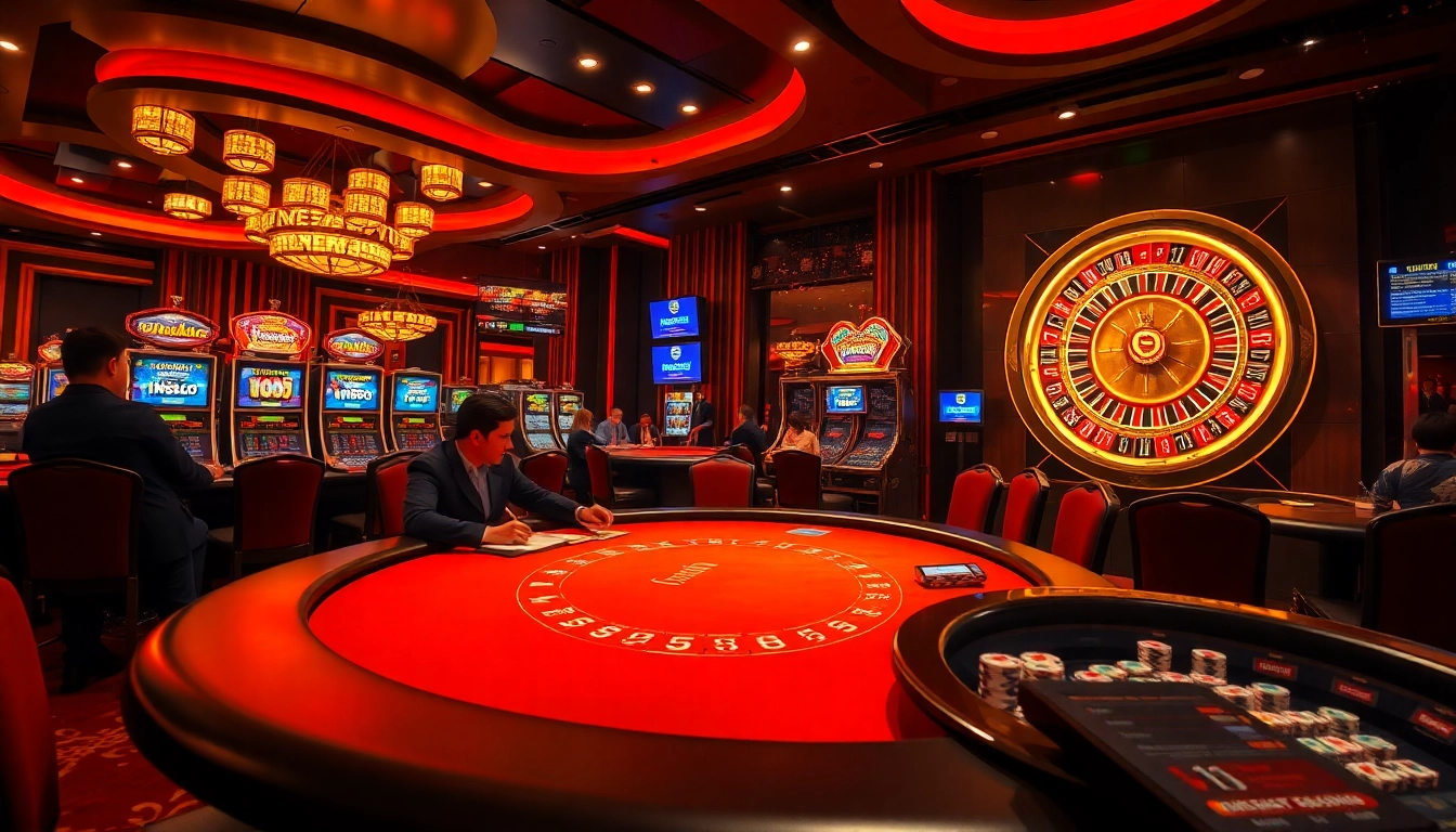 Engage with the thrilling idnslot gaming experience at a luxurious casino featuring poker and slot machines.